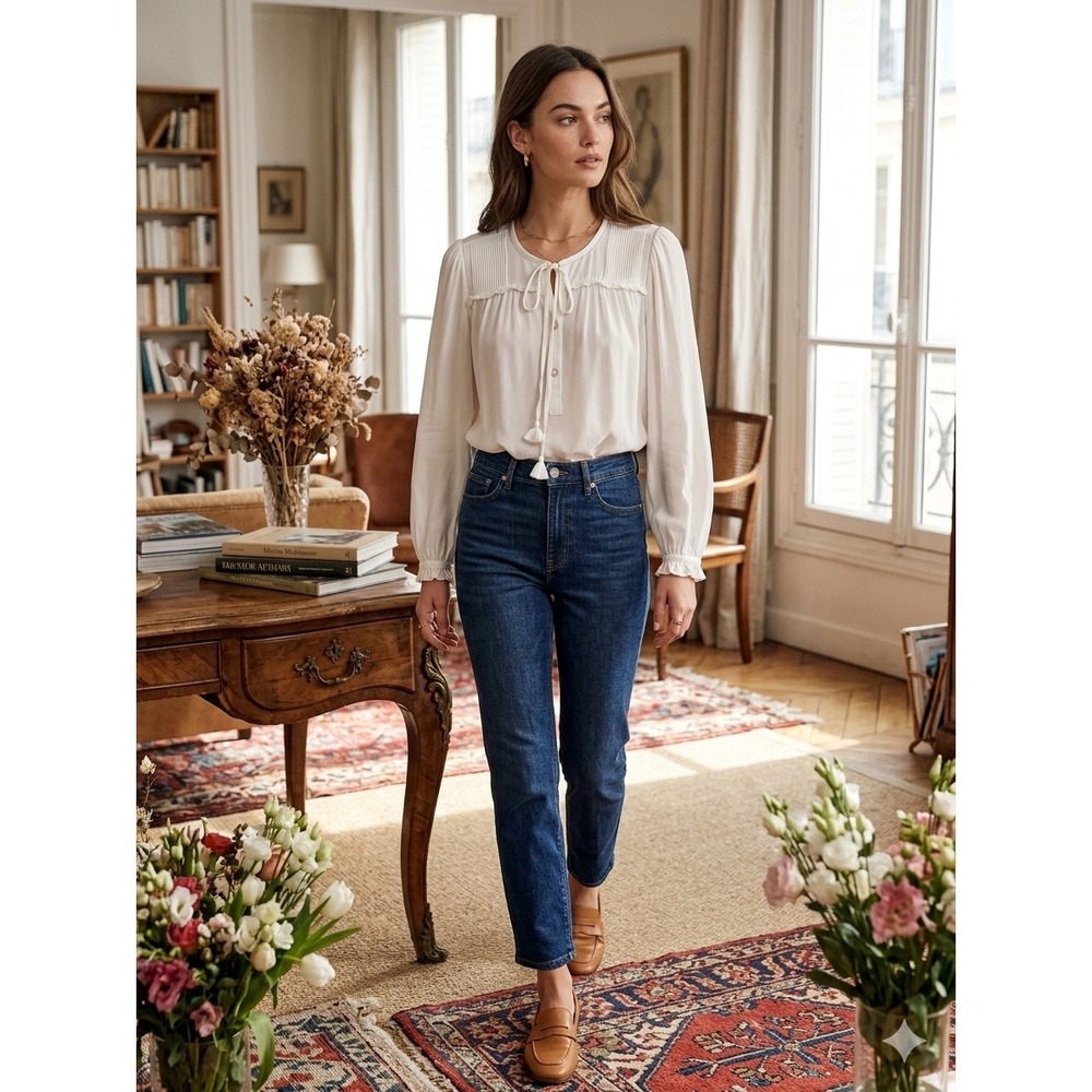 Joie Ivory Silk Peasant Blouse Tie Front Tassel Pintuck Ruffle Sleeve Top S